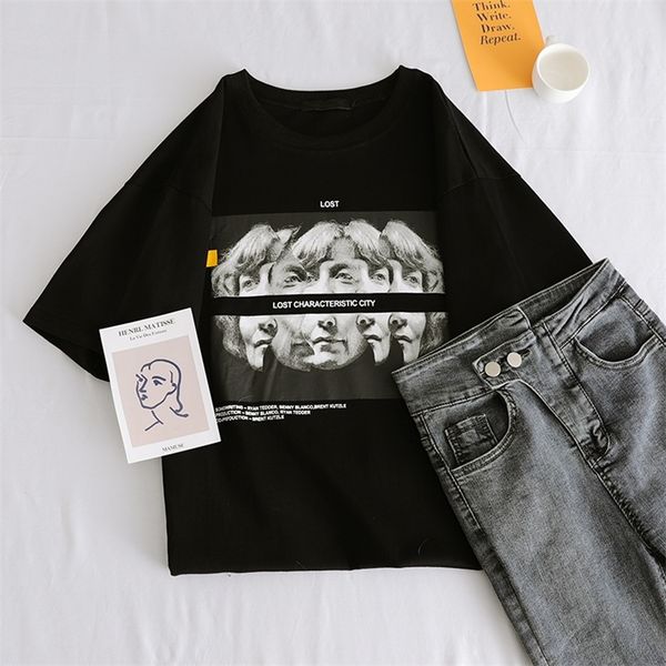 

summer casual loose women t-shirts ulzzang streetwear character print vintage tshirt korean style black short sleeve t shirt 210315, White