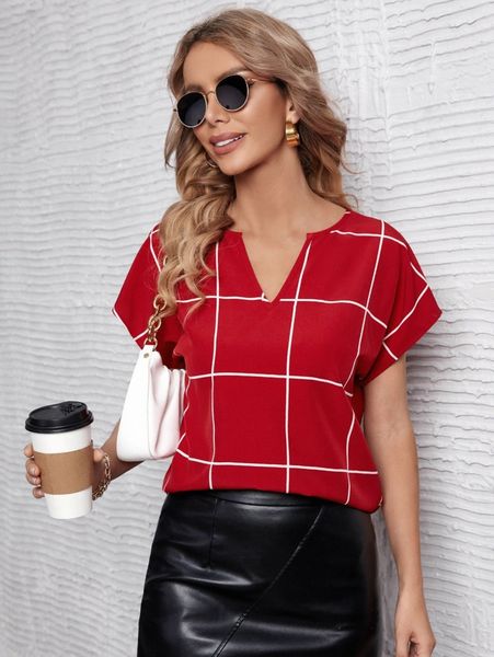 

windowpane print notched neck batwing sleeve blouse 170l#, White