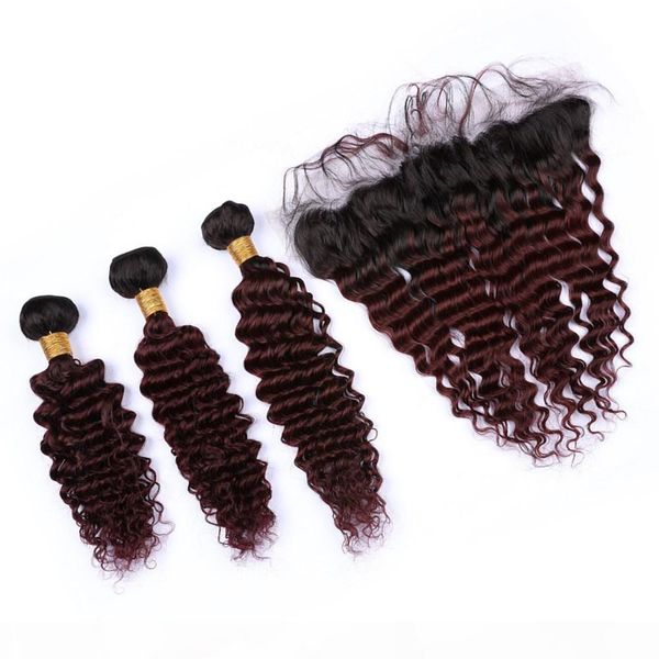 

malaysian wine red ombre human hair 3pcs bundles deep wave with frontal closure 13x4 wavy #1b 99j burgundy ombre weaves with lace frontal, Black;brown