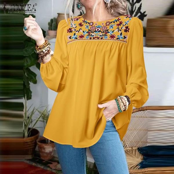 

women's blouses & shirts bohemian floral embroidery blouse zanzea fashion women summer casual o neck long sleeve tunic female blusas c, White