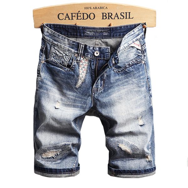 

summer new male fashion designer jeans torn retro blue cotton denim shorts men hip-hop pants homme v52h