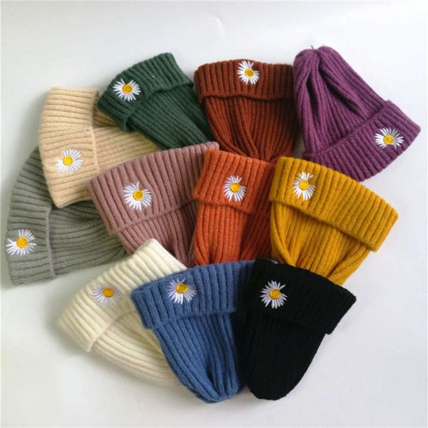 

hat same solid color daisy embroidered children's knitted personality trendy baby pointed wool pullover, Blue;gray