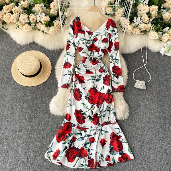 

2021 bohemian red/green/pink flower print mermaid women casual square collar long sleeve ruffle hem vestidos spring autumn a5u4, Black;gray