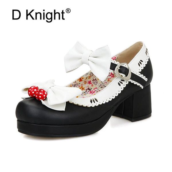 

dress shoes 2021 girls sweet bow women lolita mary janes strawberry bell high heel ballet pumps ankle strap big size 30-43 us 12, Black