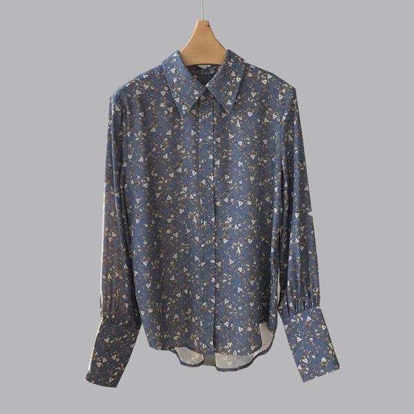 

women's blouses & shirts 100% silk women spring vintage elegant art sweet cute bird print lantern sleeve satin long shirt blous, White