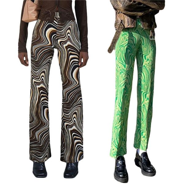 

women's pants & capris female long pants, adults water ripple print high waist flared trousers for summer fall, brown/green, s//l, Black;white