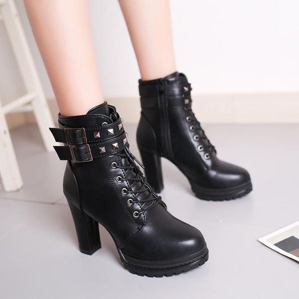 

boots women high heel lace up platform ankle female zipper chunky 2021 rivet buckle punk shoes mujer solid fashion footwear, Black