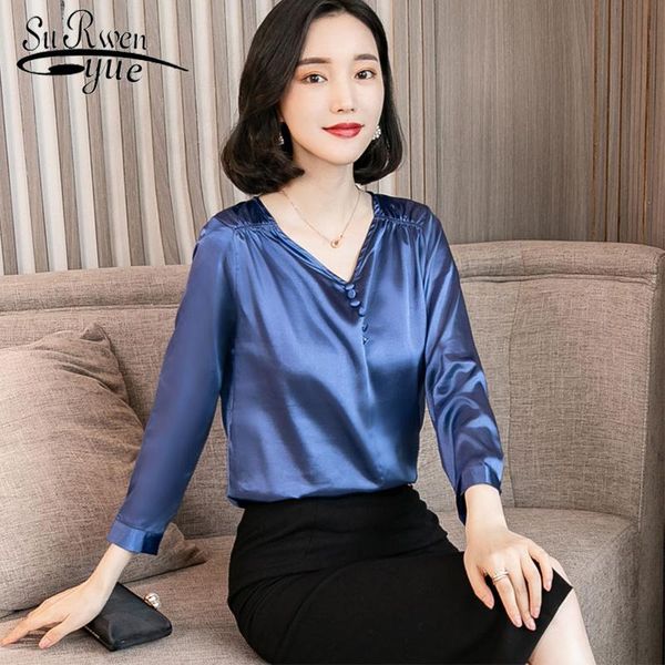 

women's blouses & shirts blusas mujer de moda 2021 women blouse shirt solid color bottoming long sleeves fall v collar imitation silk 1, White