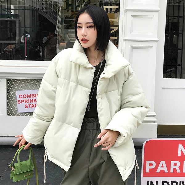 

2021 new autumn winter elegant female stand collar single breasted casual loose thick warm bread cotton coat 47r9, Black