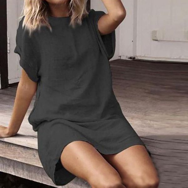 

casual dresses 2021 women's summer solid color cotton and linen v-neck short sleeve dress beach sundress ladies streetwear, Black;gray
