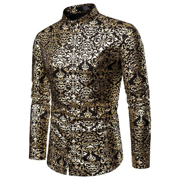 

men's casual shirts men hipster luxury black gold bronzing printed slim long sleeve dress shirt wedding night club hip hop party singer, White;black