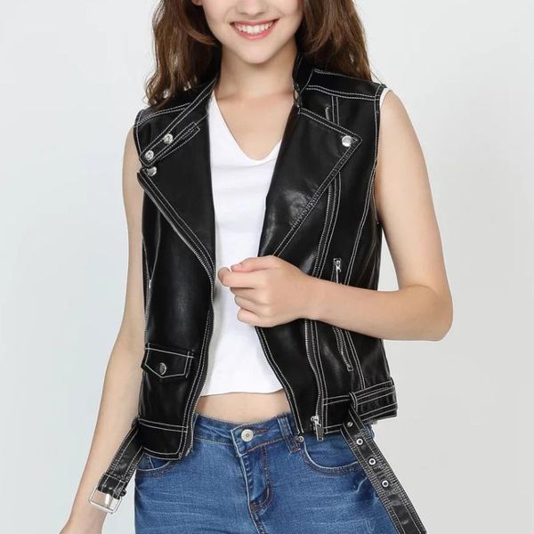 

women's leather & faux 2021 fashion vest sleeveless jacket pocket pu coat red and black women