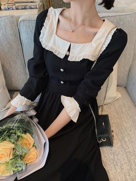

casual dresses cmaz japanese black women female pleated dress summer midi vestidos femme lace ruffles party 3100#, Black;gray