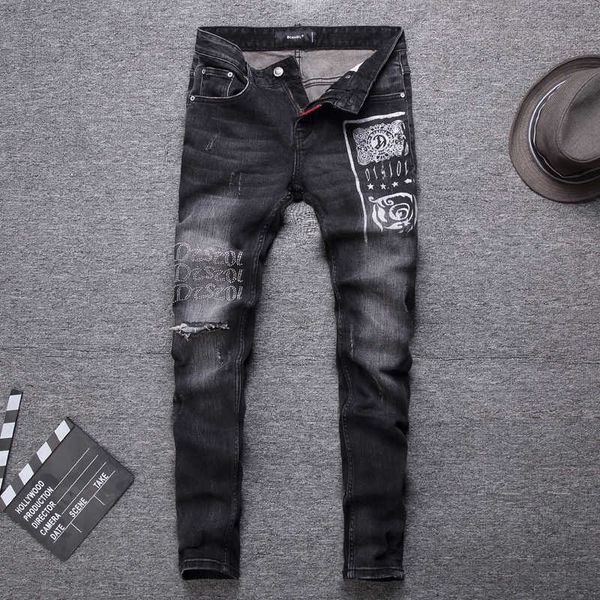 

american streetwear fashion men jeans retro black gray slim fit ripped for printed designer hip hop denim punk pants, Blue