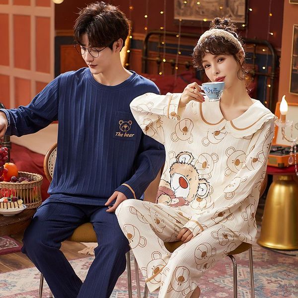 

men's sleepwear autumn winter men women pajamas set long sleeve cotton loose homewear cartoon bears cute plus size, Black;brown