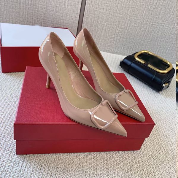 

spring and summer new pointed button leather shallow mouth patent single shoes high heel women's, Black