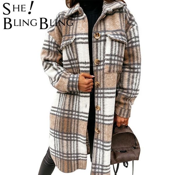 

women's jackets sheblingbling women checked jacket oversized turn down collar long coat female thick warm woolen blends overcoat street, Black;brown