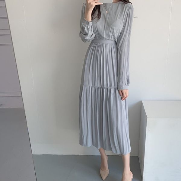 

2021autumn new korean chic temperament simple light blue close show thin elastic waist pleated dress for women, Black;gray