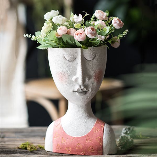 Художественный портрет цветочный горшок ваза скульптура смола человеческое лицо семейный цветочный горшок ручной работы садовое хранение цветочная композиция дома декор 210310