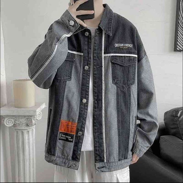

men's jackets autumn winter fashion denim jacket retro vintage loose korean designer patchwork jean coat btfx, Black;brown