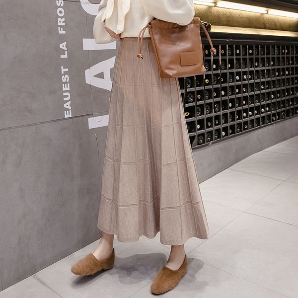 

casual female knitting out 2021 autumn and winter new fashion long wool the line plied skirt 9pic, Black