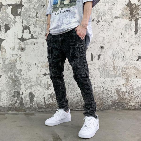 

men's jeans harajuku high street patchwork washed slim male pants loose stretch black ripped denim trousers hip hop baggy track, Blue