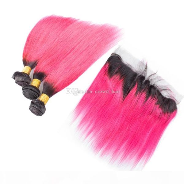 

ombre pink virgin human hair weaves extensions with frontal part #1b pink silky straight lace frontal closure with 3 bundles, Black