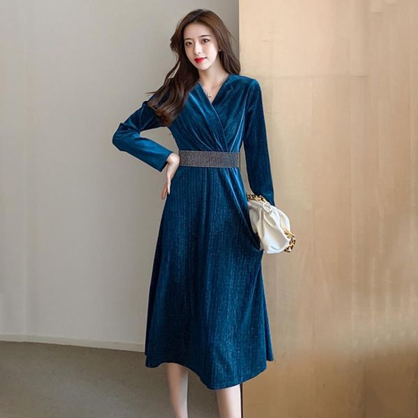 

casual dresses winter dress long sleeve diamond belt elegant party women v-neck midi-calf velvet vestido, Black;gray