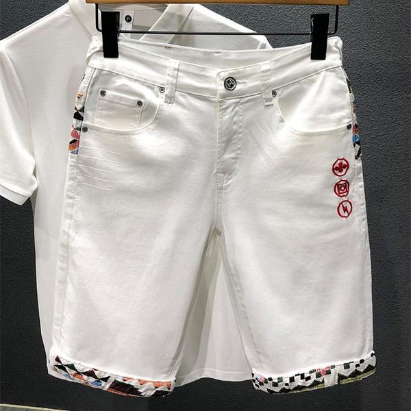 

men's shorts summer denim chinese style embroidery white slim casual short jeans personality street youth clothing high quality, White;black