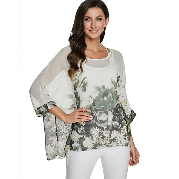 BHflutter Neue Chiffon-Bluse Hemd Frauen Mode Batwing Blumendruck Bluse Beiläufige Lose Sommer Shirts Tops Plus Größe 4XL 210315