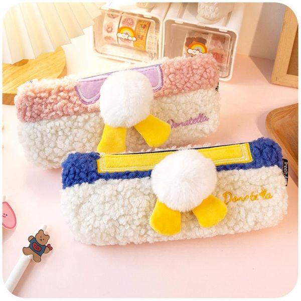 

cute soft plush fluffy pencil case student zipper pen pouch stationery organizer 53cc refills, Black;red