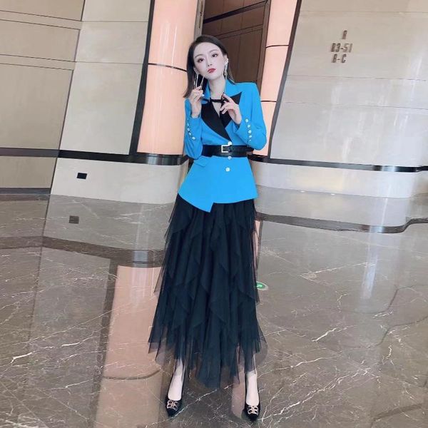 

two piece dress temperament suit women's early spring 2021 color contrast irregular blazer long half skirt set, White