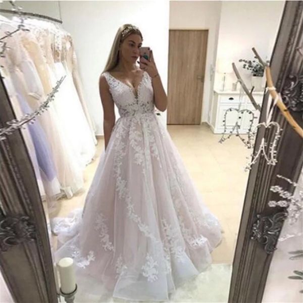 

deep v neck a-line wedding gowns backless sleeveless full appliques lace bride dresses simple zipper princess modern dress, White