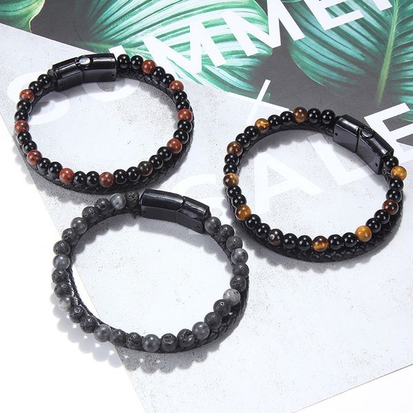 

bracelet products on the market fashion mixed color volcanic stone bracelet real cow leather hand woven magnetic buckle men's, Golden;silver