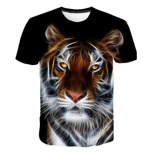 Camiseta Verão 2021 de mangas curtas Scary realista animal tigre impressão t-shirt moda personalidade grande tamanho homens redondos do pescoço y220214