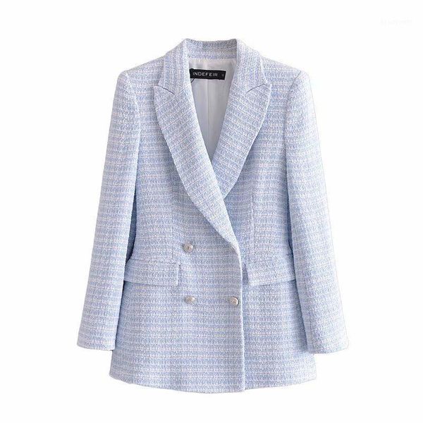 

women's suits & blazers women 2021 fashion double breasted tweed check blazer coat vintage long sleeve pockets female outerwear chic ve, White;black
