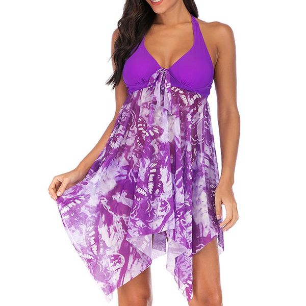 

plus size tankini set pueple print two piece swimwear women swimsuit with skirt mesh swim wear s-2xl bathing suit