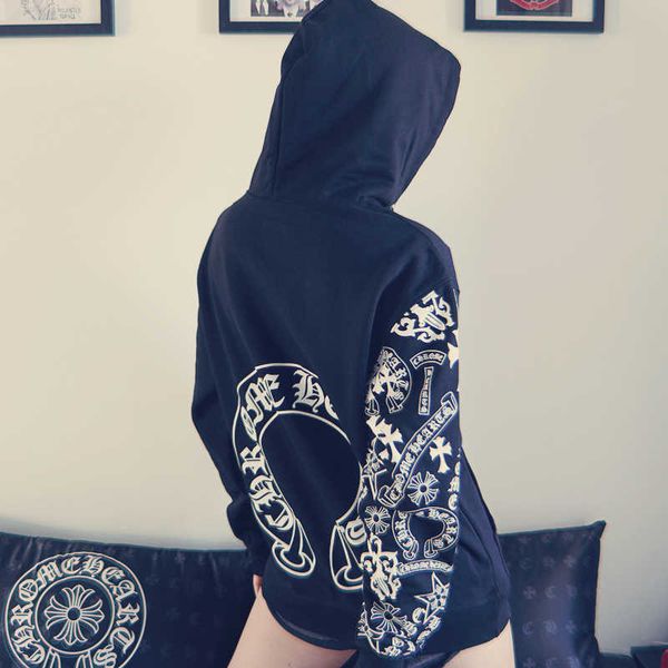

new autumn and winter fashion brand crosin men's and women's sweater ch limited personality floral arm printing hooded sweater os, Black
