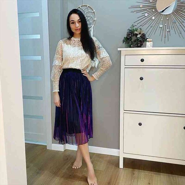 

fall winter high waist slim retro gradient reflective mesh pleated skirt, Black