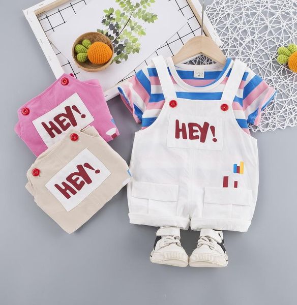 

clothing sets summer baby clothes stripe girls kids set t-shirts+overalls shorts tracksuit suit for boys outfit 0-4y, White