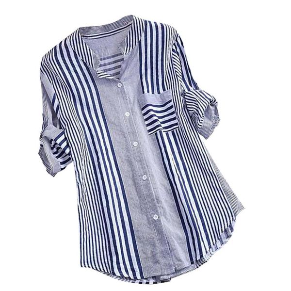 

women's t-shirt fashion women plus size three quarter t shirt striped print v-neck loose fit t-shirts clothes camisetas de mujer, White