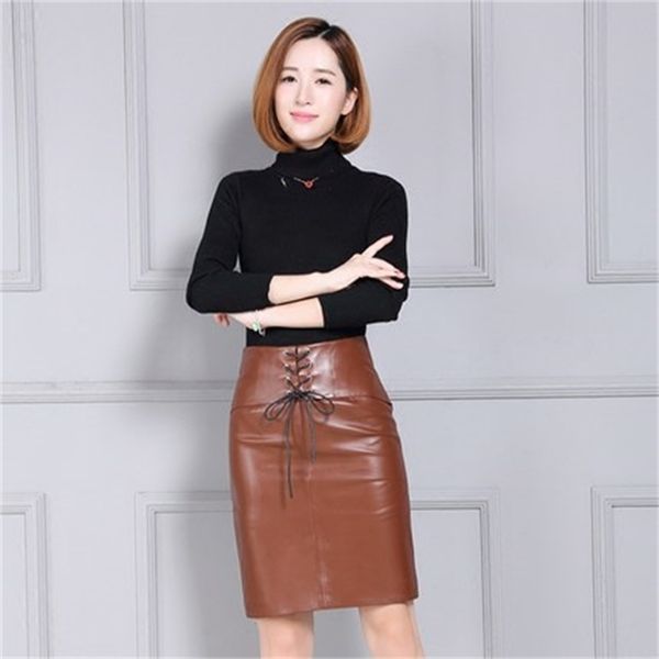 

sheep skin at knee height wrapped leather skirt k85 j86g, Black