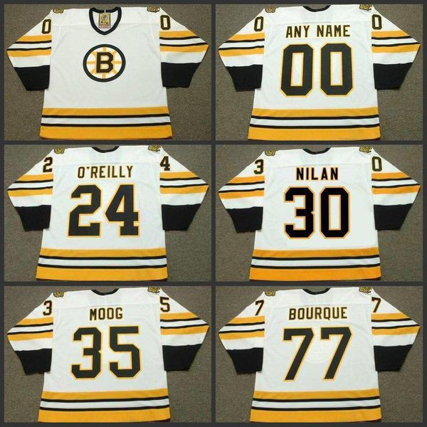 

24 terry o reilly 30 chris nilan 35 andy moog 77 raymond bourque boston bruins 1975 ccm hockey jersey s-3xl, Black;red