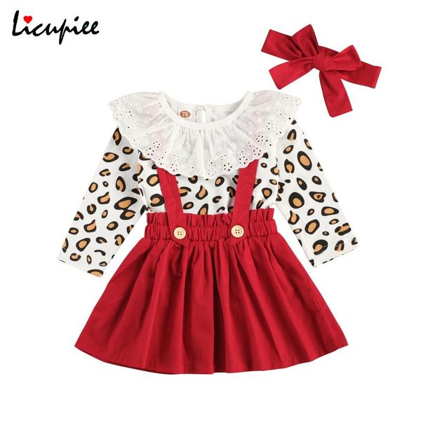

1-3 years infant newborn baby girl 3pcs outfit set leopard printed lace crew romper strap skirt bow tie toddlers spring autumn, White