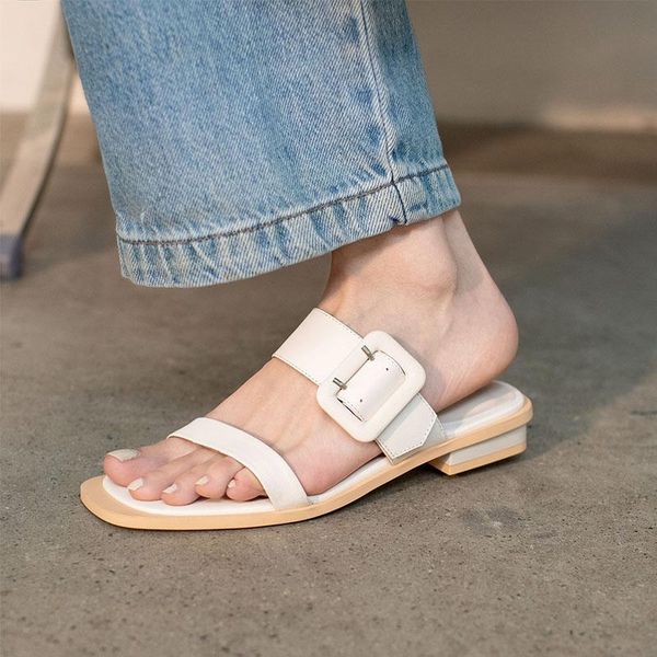 

slippers genuine leather open toe outside slides women sandals flats square heel concise shoes fashion modern mule, Black