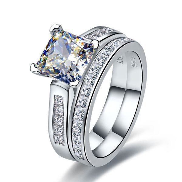 Сплошное 18k белое золото AU750 набор 2CT принцессы алмазное обручальное кольцо с обручальной зоной Заявление ювелирных изделий подарок для леди