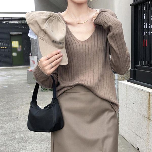 

women sweater blouse knitted ladies lazy-style v-neck solid color loose long-sleeved casual knitting outfit, White;black