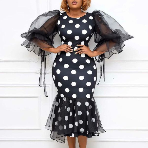 

2021 new women polka dot printed es patchwork see through lantern sleeve package hip bodycon mermaid vestidos robes female african etre, Black;gray