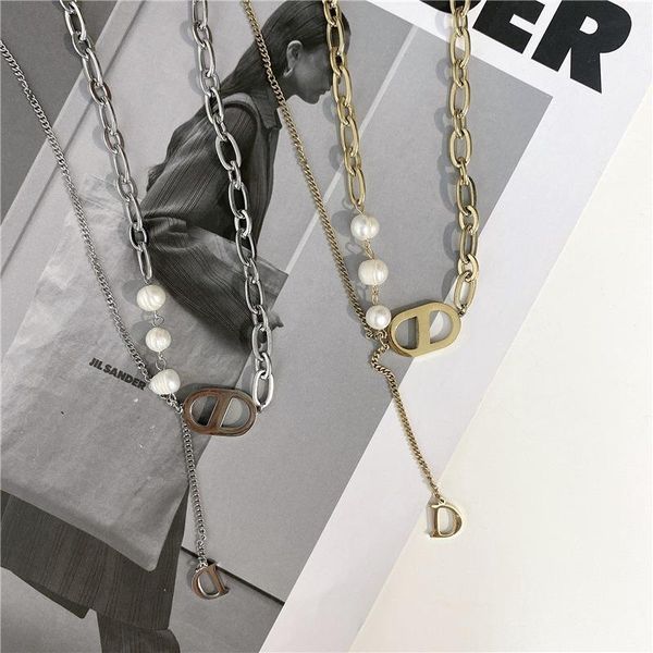 

pendant necklaces vsnow statement stainless steel hollow gold letter faux pearl necklace for women asymmetry chunky chain jewelry, Silver