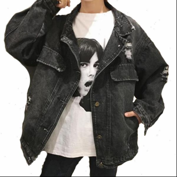 

women clothing black denim jackets girls 2021 spring korean bf loose hole tide jackets shirt women jeans jackets, Black;brown